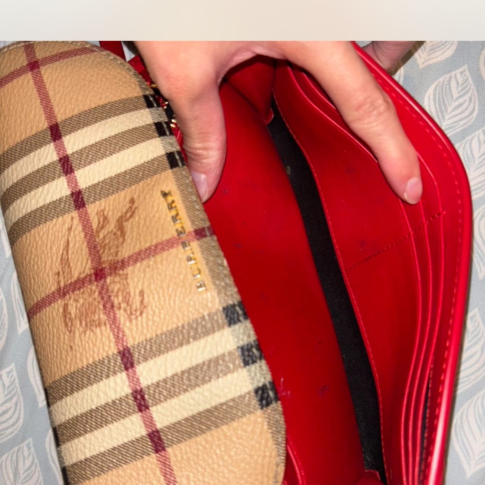 Burberry Beige Check Wallet with Vibrant Red Lining
